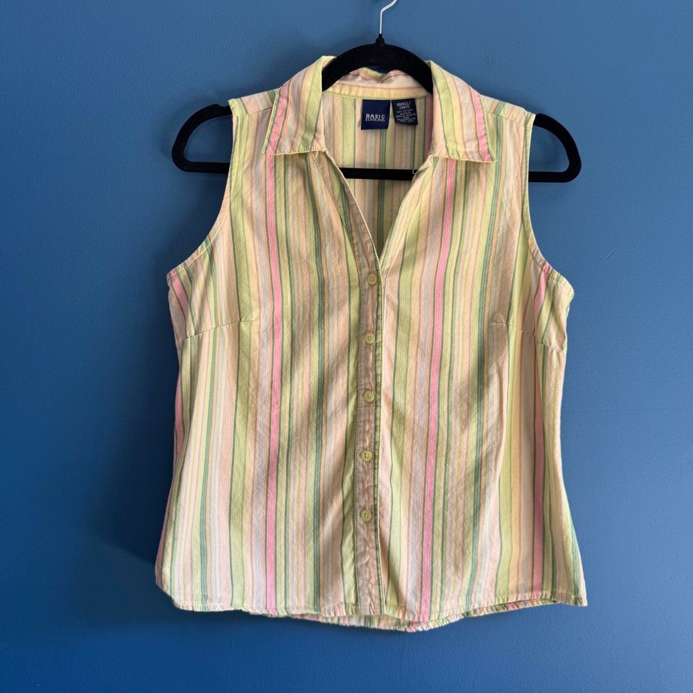 Vintage 90s Stripe Tank Top Women's Size Small Basic Editions Green Pink Button